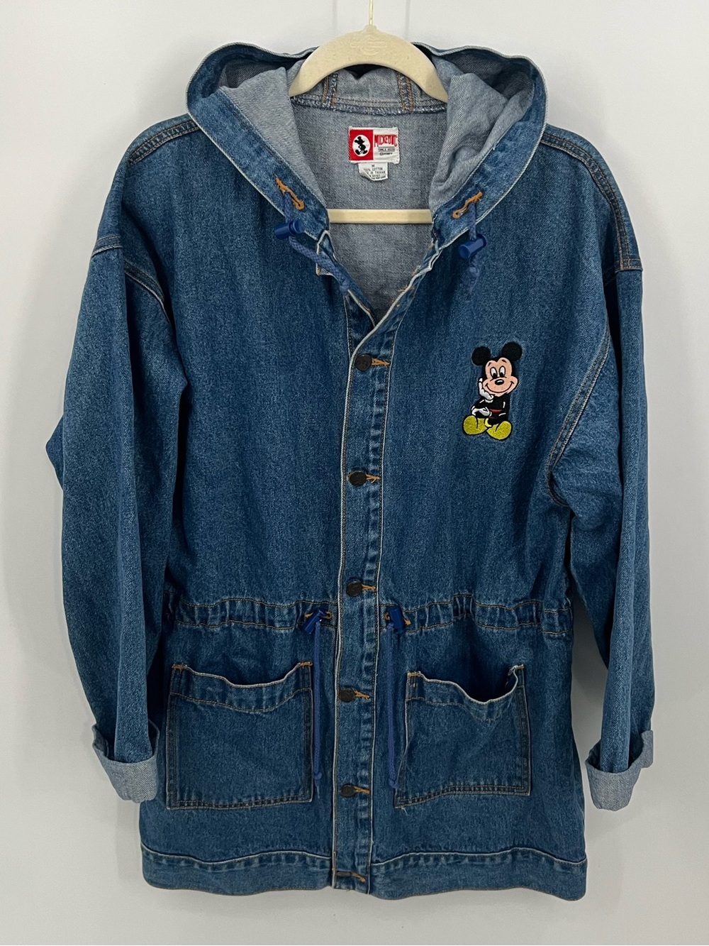 Vintage Disney Blue Denim Hooded Anorak Jacket with Mickey Mouse Patch - Picture 1 of 12